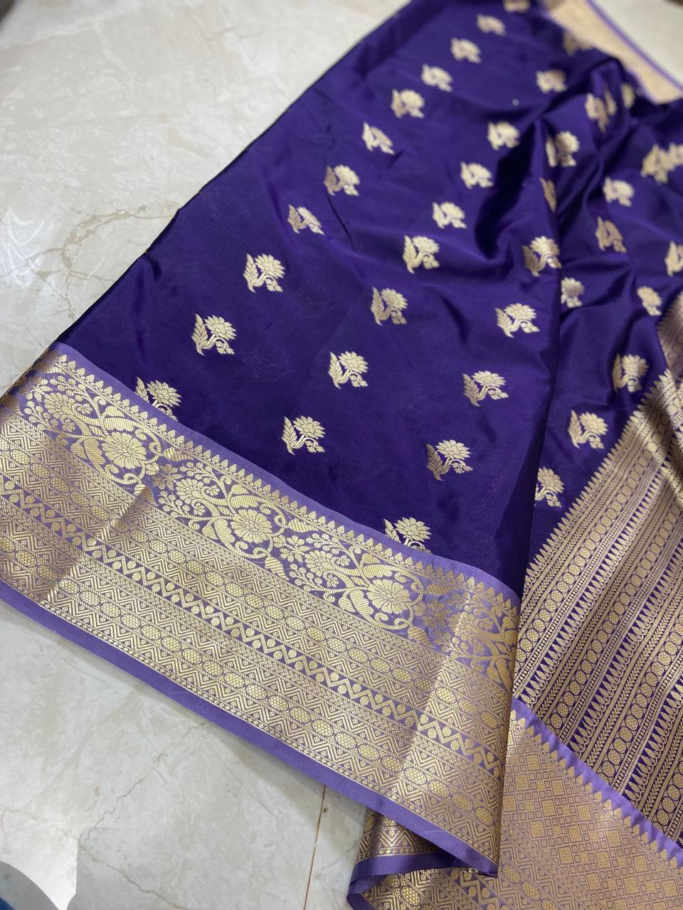Banarasi Katan Silk Saree with Kanchi Border & Double Zari Butti Design